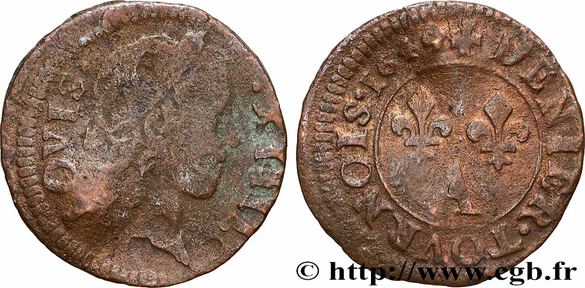 LOUIS XIV &nbsp;THE SUN KING&nbsp; Denier tournois 1649 Paris, Moulin du Louvre MB