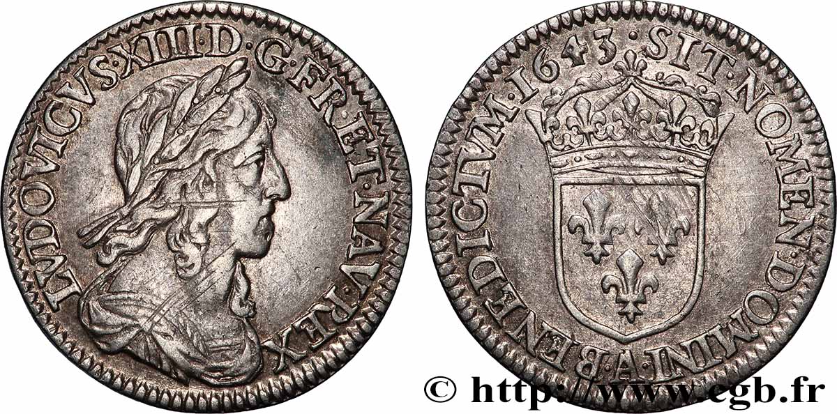 LOUIS XIII LE JUSTE Douzième d&nbsp;écu, buste drapé et cuirassé (2e buste de Jean Warin) 1643 Paris, Monnaie du Louvre TTB