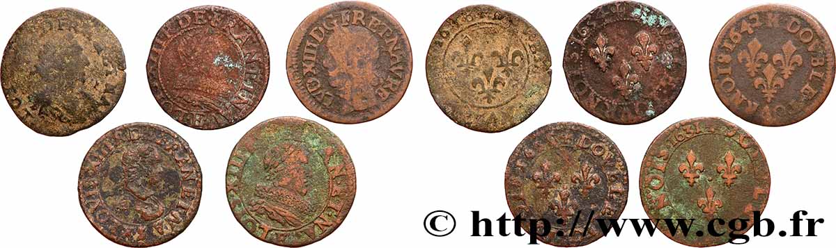 LOUIS XIII  Double tournois, lot de 5 ex. s.m. Atelier indéterminé lot