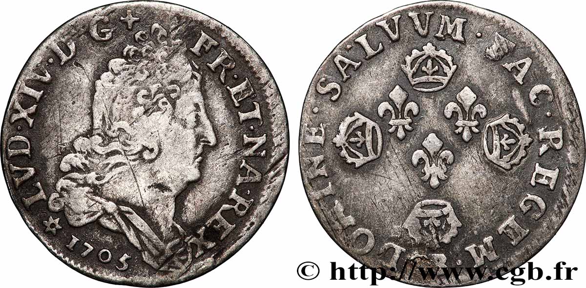 LOUIS XIV &nbsp;THE SUN KING&nbsp; Dix sols aux quatre couronnes 1705 Strasbourg q.BB/BB