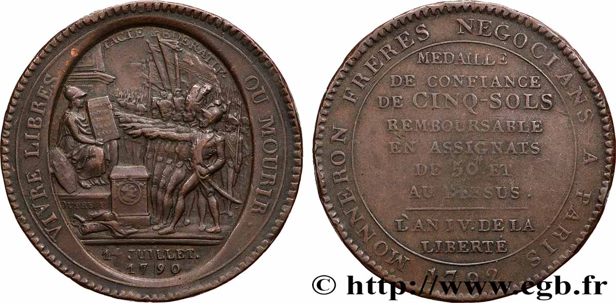 REVOLUTION COINAGE Monneron de 5 sols au serment 1792  BB/q.BB