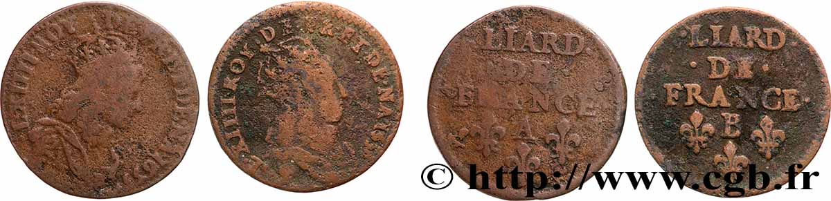 LOUIS XIV &nbsp;THE SUN KING&nbsp; Liard de cuivre “à la tête couronnée”, lot de 2 ex. n.d. Ateliers divers lotto