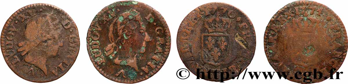 LOUIS XV THE BELOVED Liard dit “à la vieille tête”, lot de 2 ex. n.d. Ateliers divers lot
