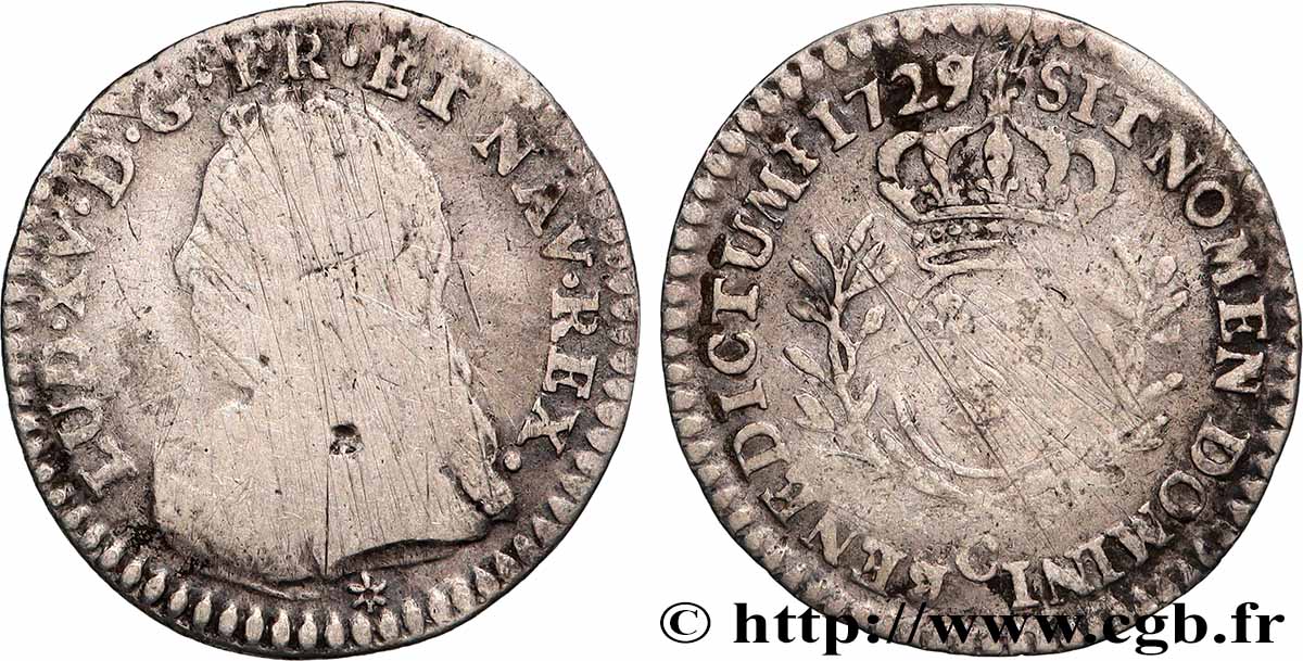 LOUIS XV &nbsp;THE WELL-BELOVED&nbsp; Vingtième d’écu aux branches d’olivier, buste habillé 1729 Caen MB