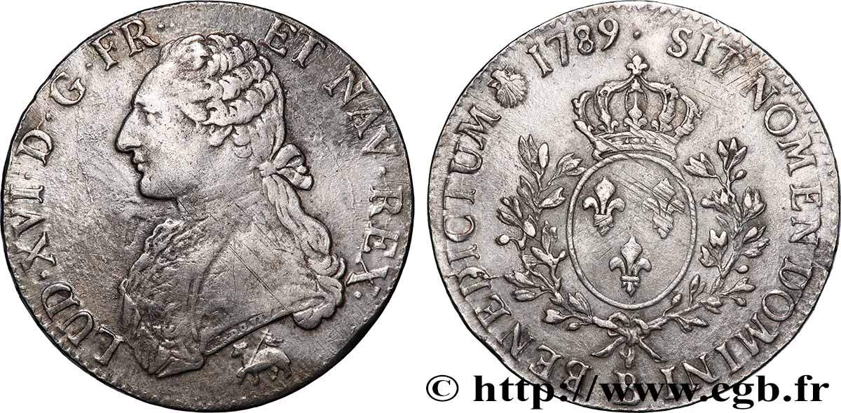 LOUIS XVI Écu aux branches d&nbsp;olivier 1789 Rouen VF/XF