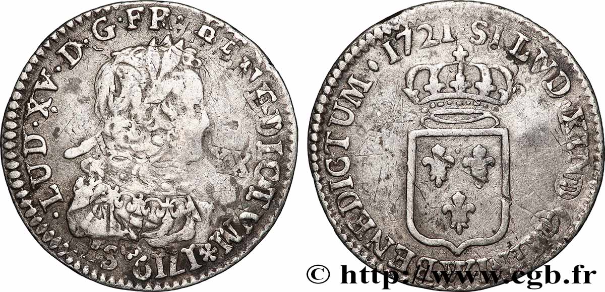 LOUIS XV &nbsp;THE WELL-BELOVED&nbsp; Sixième d&nbsp;écu de France 1721 Lille q.BB
