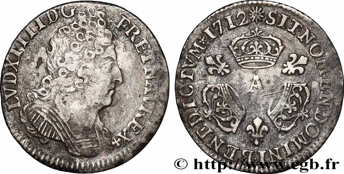LOUIS XIV &nbsp;THE SUN KING&nbsp; Dixième d&nbsp;écu aux trois couronnes 1712 Paris SS