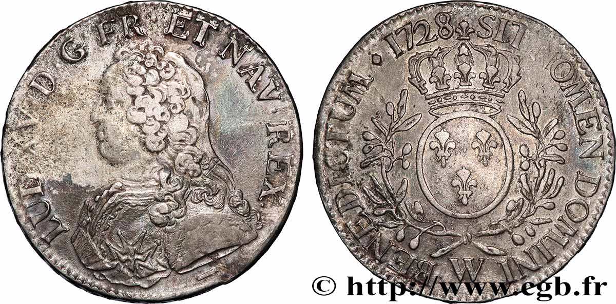 LOUIS XV &nbsp;THE WELL-BELOVED&nbsp; Écu aux branches d&nbsp;olivier, buste habillé 1728 Lille XF/AU