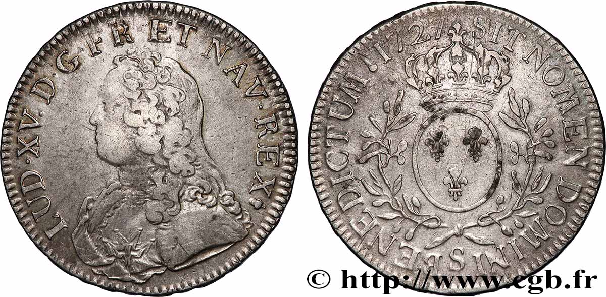 LOUIS XV &nbsp;THE WELL-BELOVED&nbsp; Écu aux branches d&nbsp;olivier, buste habillé 1727 Reims VF/XF