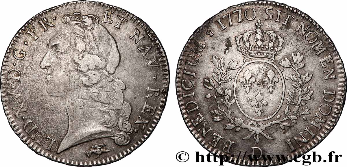 LOUIS XV &nbsp;THE WELL-BELOVED&nbsp; Écu aux branches d’olivier, tête ceinte d’un bandeau 1770 Lyon XF/AU