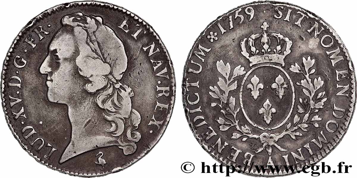 LOUIS XV THE BELOVED Écu aux branches d’olivier, tête ceinte d’un bandeau 1759 Paris VF/XF
