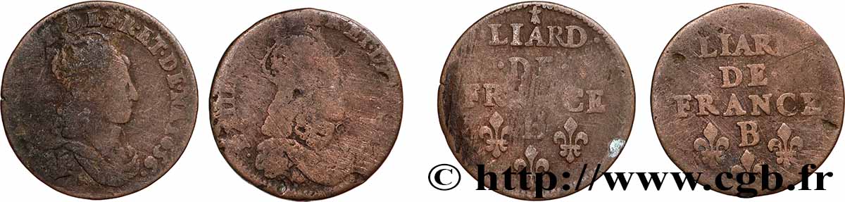 LOUIS XIV &nbsp;THE SUN KING&nbsp; Liard de cuivre “à la tête couronnée”, lot de 2 ex. n.d. Ateliers divers lot