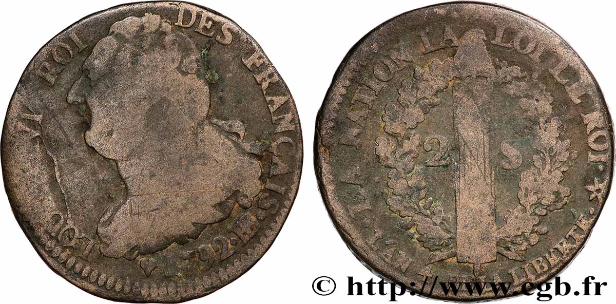 LOUIS XVI 2 sols dit &nbsp;au faisceau&nbsp;, type FRANÇAIS 1792 Strasbourg BC