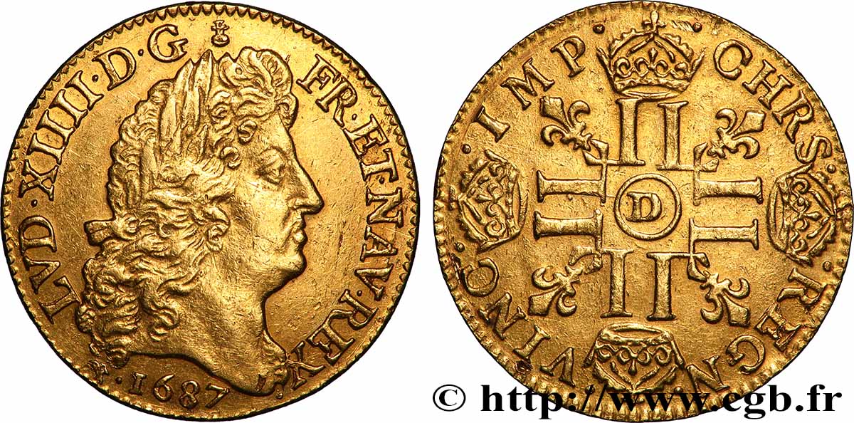 LOUIS XIV &nbsp;THE SUN KING&nbsp; Louis d’or aux huit L, portrait à la tête âgée et laurée 1687 Lyon AU