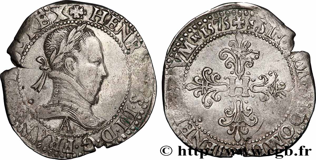 HENRY III Franc au col plat 1575 Paris XF
