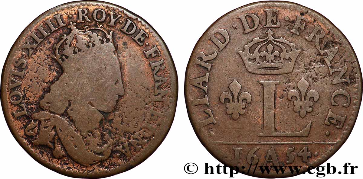 LOUIS XIV &nbsp;THE SUN KING&nbsp; Liard de France à l&nbsp;L couronnée (épreuve) 1654 Paris VF
