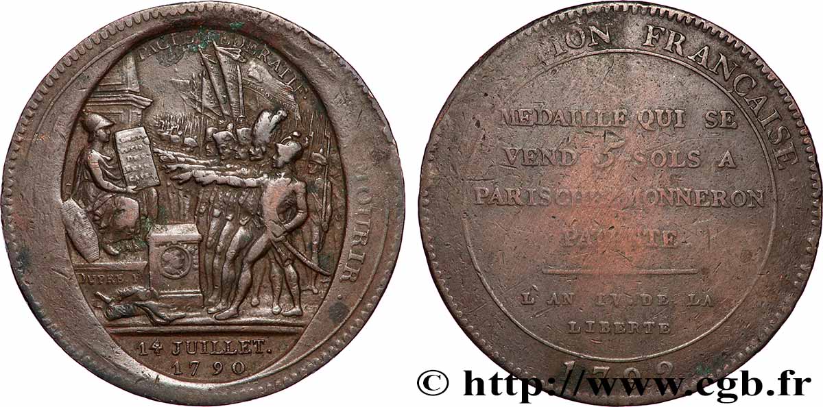 REVOLUTION COINAGE Monneron de 5 sols au serment 1792 Birmingham, Soho q.BB/MB