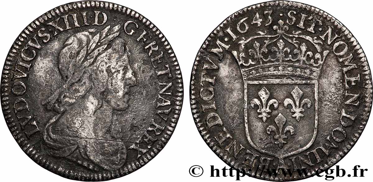 LOUIS XIII Quart d&nbsp;écu, buste drapé et cuirassé (2e buste de Jean Warin) 1643 Paris, Monnaie de Matignon VF