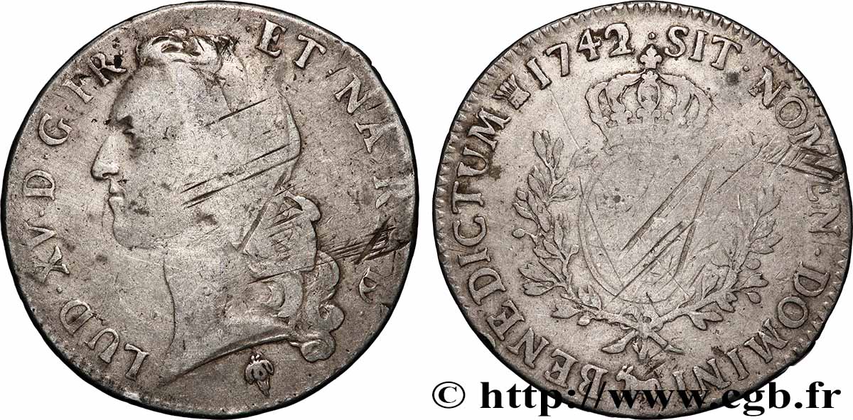LOUIS XV THE BELOVED Écu aux branches d’olivier, tête ceinte d’un bandeau 1742 Pau VF