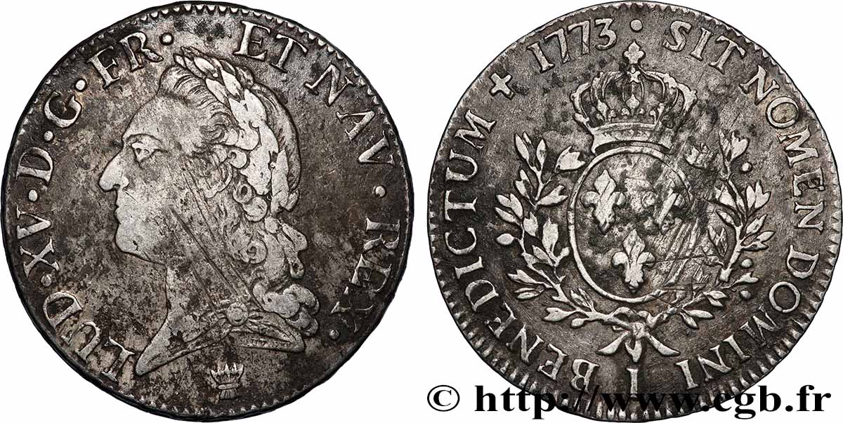 LOUIS XV THE BELOVED Écu aux branches d’olivier, buste lauré 1773 Limoges VF