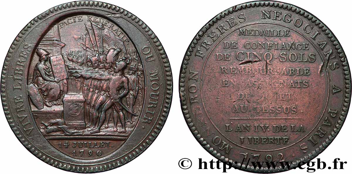 CONFIANCE (MONNAIES DE...) Monneron de 5 sols au serment 1792  TTB