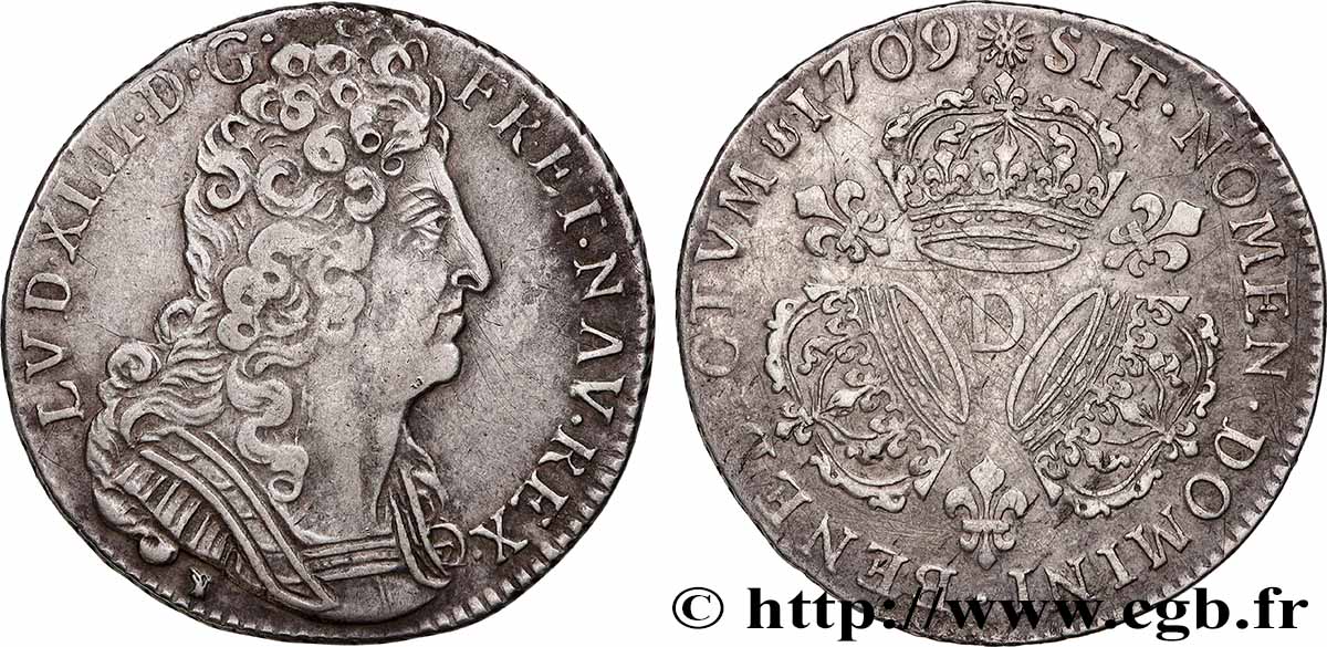 LOUIS XIV &nbsp;THE SUN KING&nbsp; Quart d&nbsp;écu aux trois couronnes 1709 Lyon XF