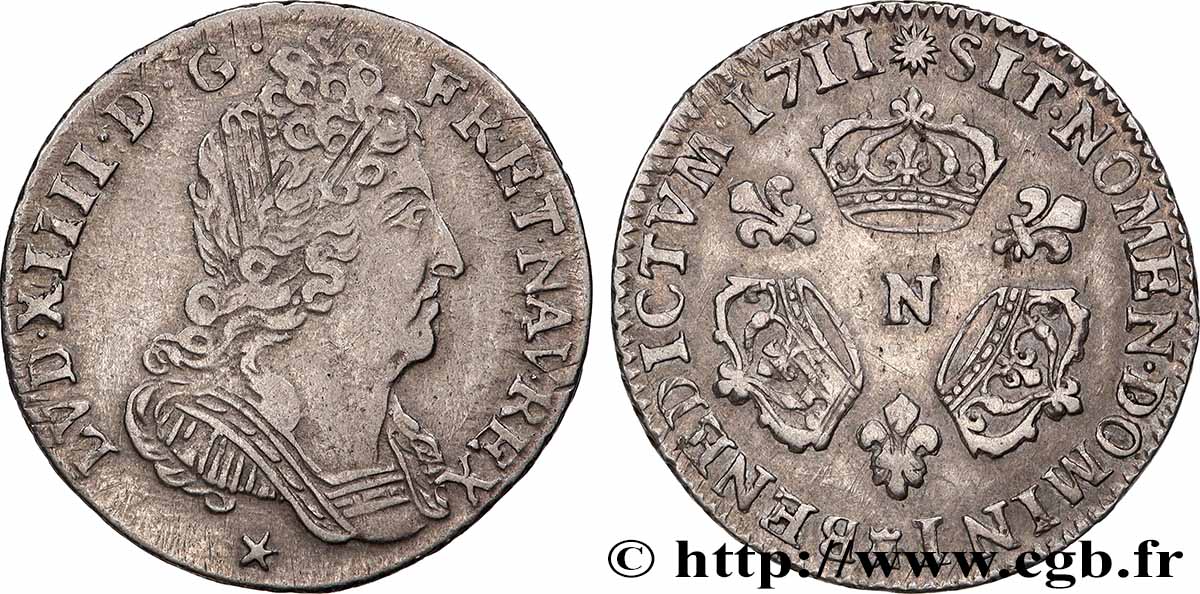 LOUIS XIV &nbsp;THE SUN KING&nbsp; Dixième d&nbsp;écu aux trois couronnes 1711 Montpellier XF/AU