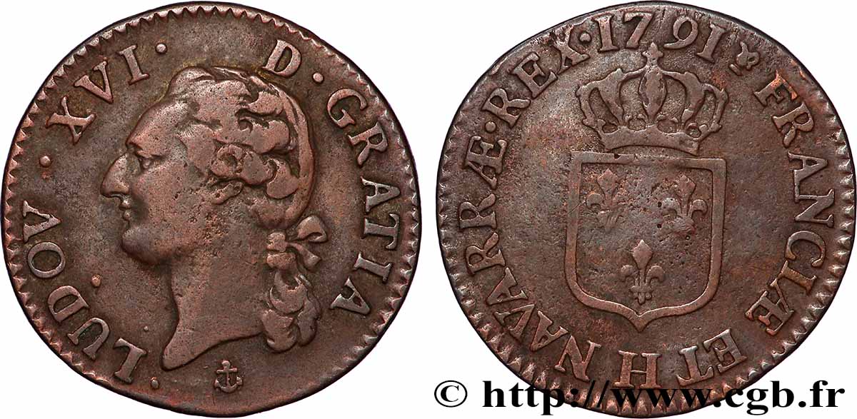 LOUIS XVI Demi-sol dit &nbsp;à l&nbsp;écu&nbsp; 1791 La Rochelle BB/q.BB
