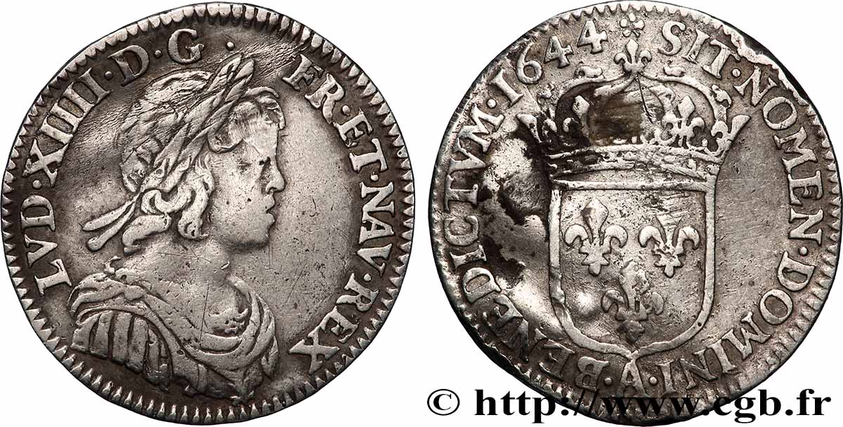 LOUIS XIV &nbsp;THE SUN KING&nbsp; Douzième d&nbsp;écu, portrait à la mèche courte 1644 Paris, Monnaie de Matignon SS