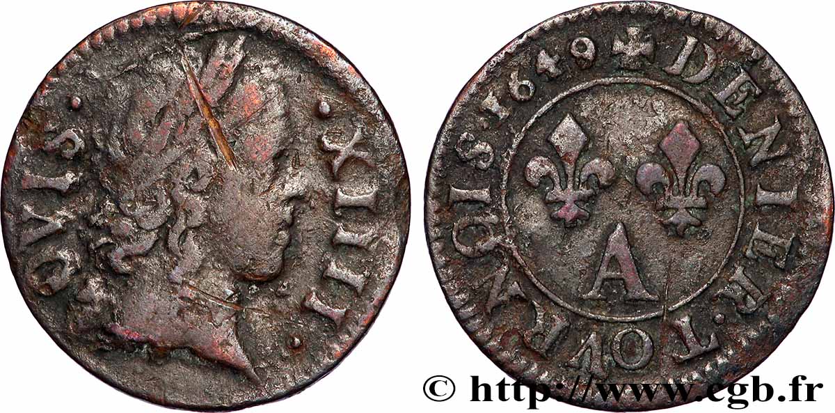LOUIS XIV &nbsp;THE SUN KING&nbsp; Denier tournois 1649 Paris, Moulin du Louvre fSS/SS