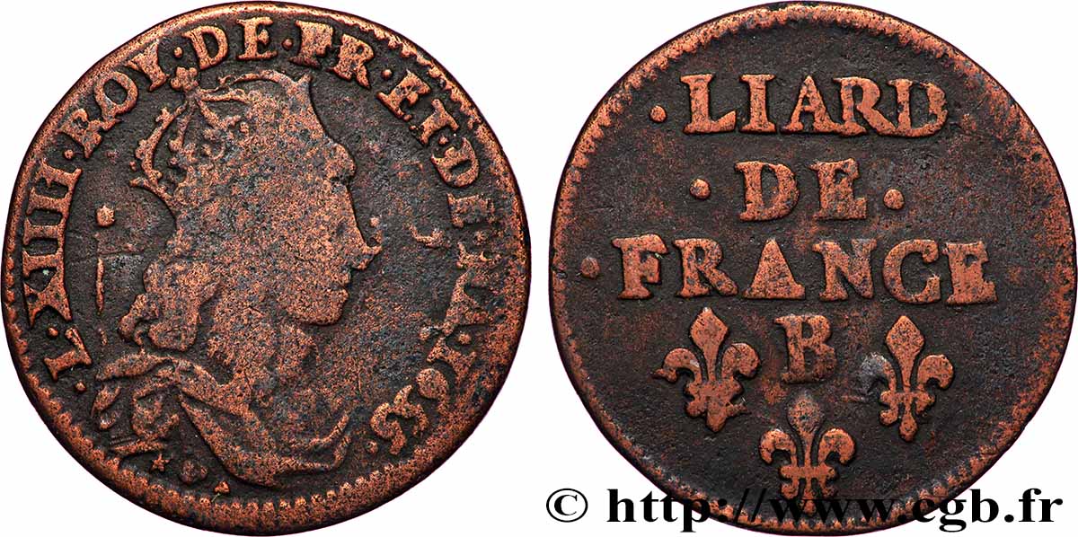 LOUIS XIV &nbsp;THE SUN KING&nbsp; Liard de cuivre, 2e type 1655 Pont-de-l’Arche q.BB