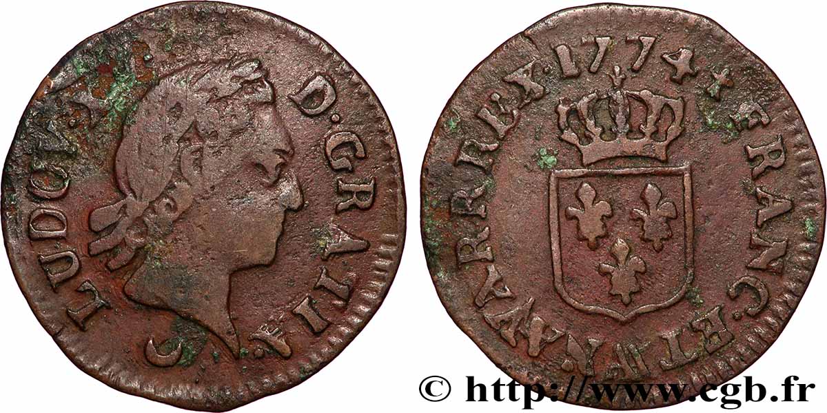 LOUIS XV &nbsp;THE WELL-BELOVED&nbsp; Liard dit “à la vieille tête” 1774 Metz fSS