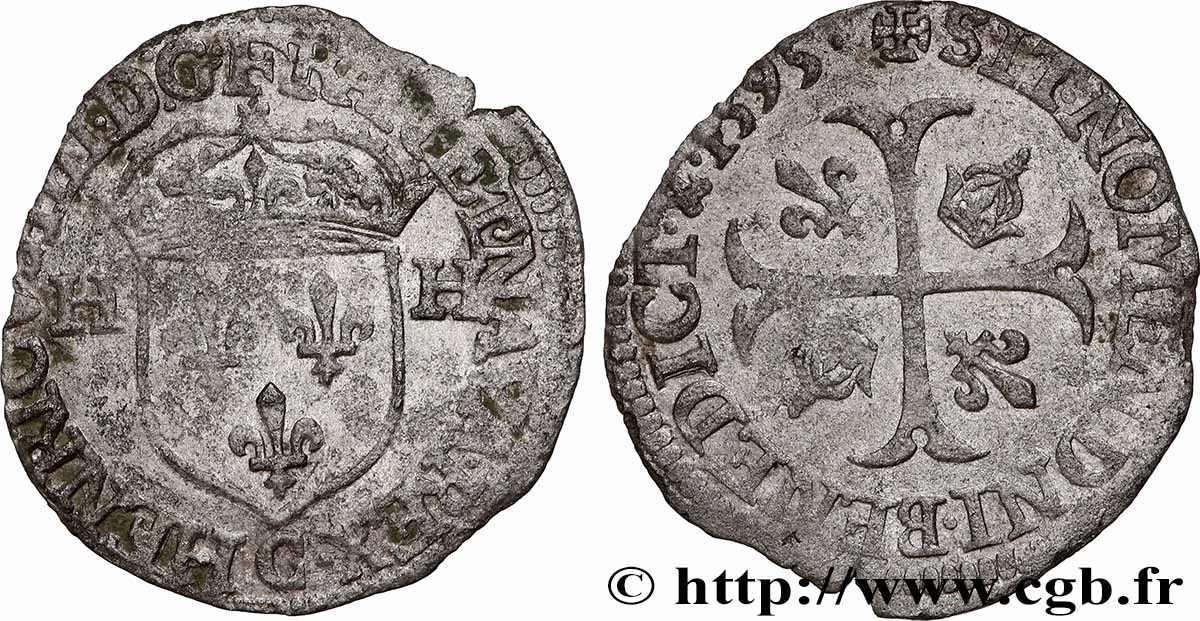HENRY IV Douzain aux deux H, 2e type 1595 Saint-Lô XF/AU