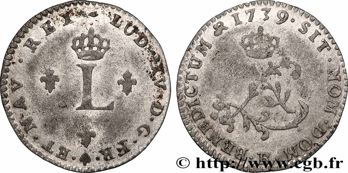 LOUIS XV THE BELOVED Double sol de billon 1739 Rouen AU/AU