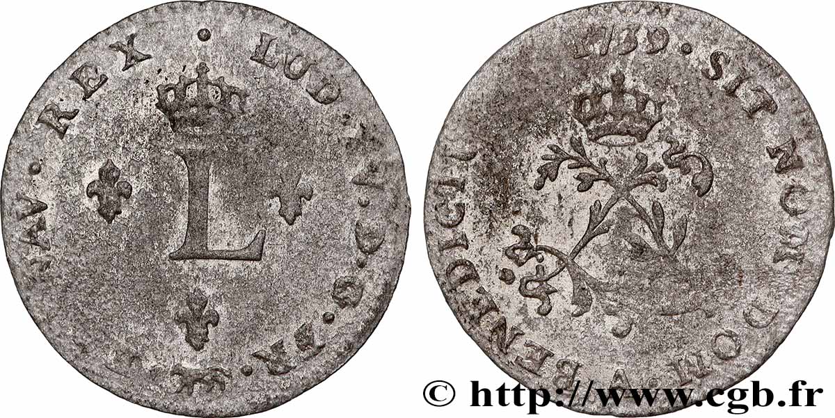 LOUIS XV THE BELOVED Double sol de billon 1739 Paris XF