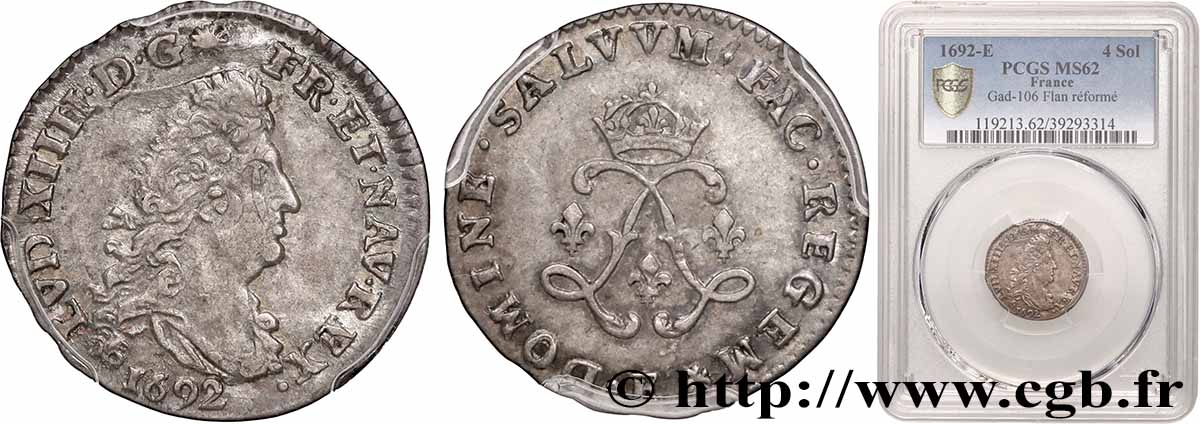 LOUIS XIV &nbsp;THE SUN KING&nbsp; Quatre sols aux deux L 1692 Tours MS62