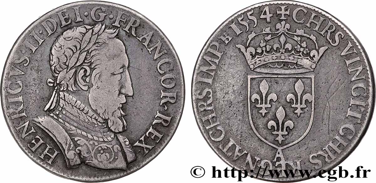 HENRY II Teston au buste lauré, 1er type, fabriqué au moulin 1554 Paris, Moulin des Étuves XF