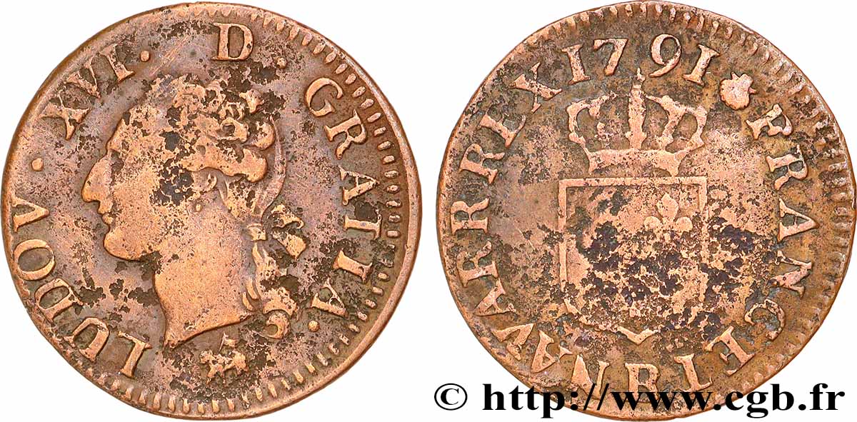 LOUIS XVI Liard dit &nbsp;à l&nbsp;écu&nbsp; 1791 Rouen BB/q.BB