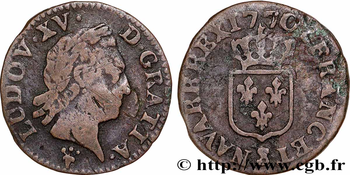 LOUIS XV &nbsp;THE WELL-BELOVED&nbsp; Liard dit &nbsp;à la vieille tête&nbsp; 1770 Reims q.BB