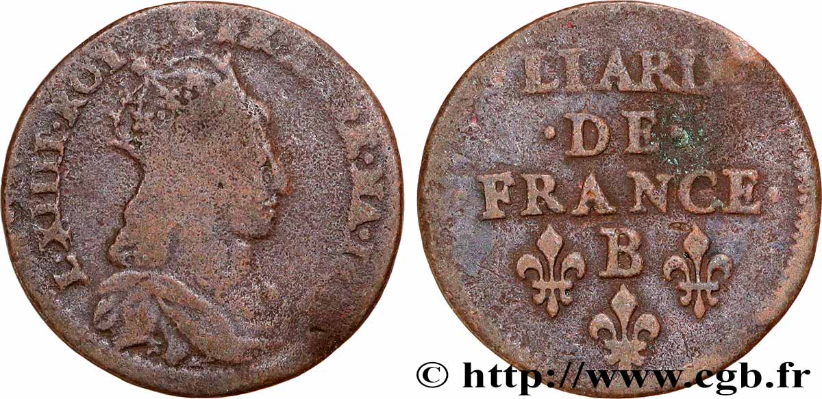 LOUIS XIV &nbsp;THE SUN KING&nbsp; Liard dit &nbsp;à la tête couronnée” s.m. Rouen MB/q.BB