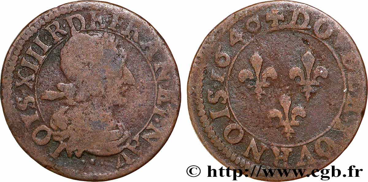 LOUIS XIII  Double tournois au grand buste viril drapé 1640 Ateliers de l’axe Loire-Rhône MB