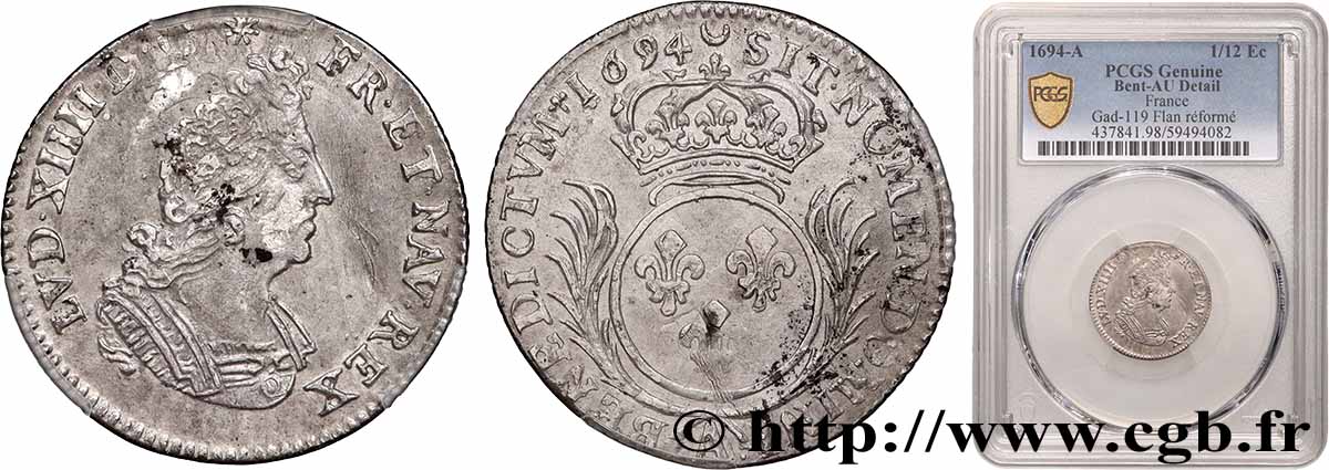 LOUIS XIV &nbsp;THE SUN KING&nbsp; Douzième d&nbsp;écu aux palmes 1694 Paris AU