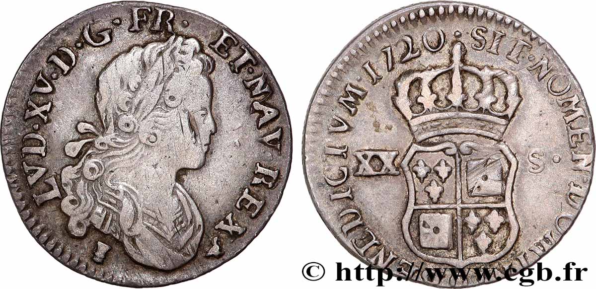 LOUIS XV &nbsp;THE WELL-BELOVED&nbsp; XX sols de Navarre 1720 Rennes q.BB