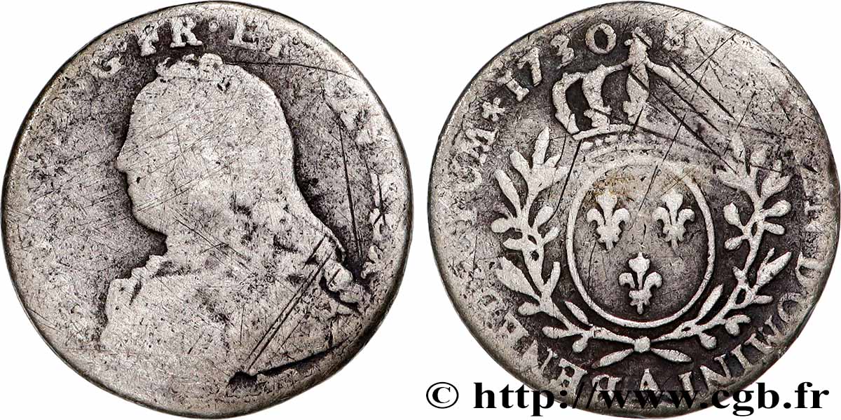 LOUIS XV &nbsp;THE WELL-BELOVED&nbsp; Dixième d’écu aux branches d’olivier, buste habillé 1730 Paris B/q.MB