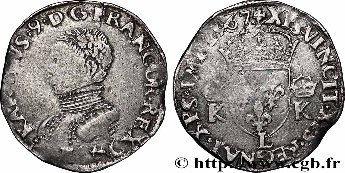 CHARLES IX Teston, 3e type 1567 Bayonne q.BB