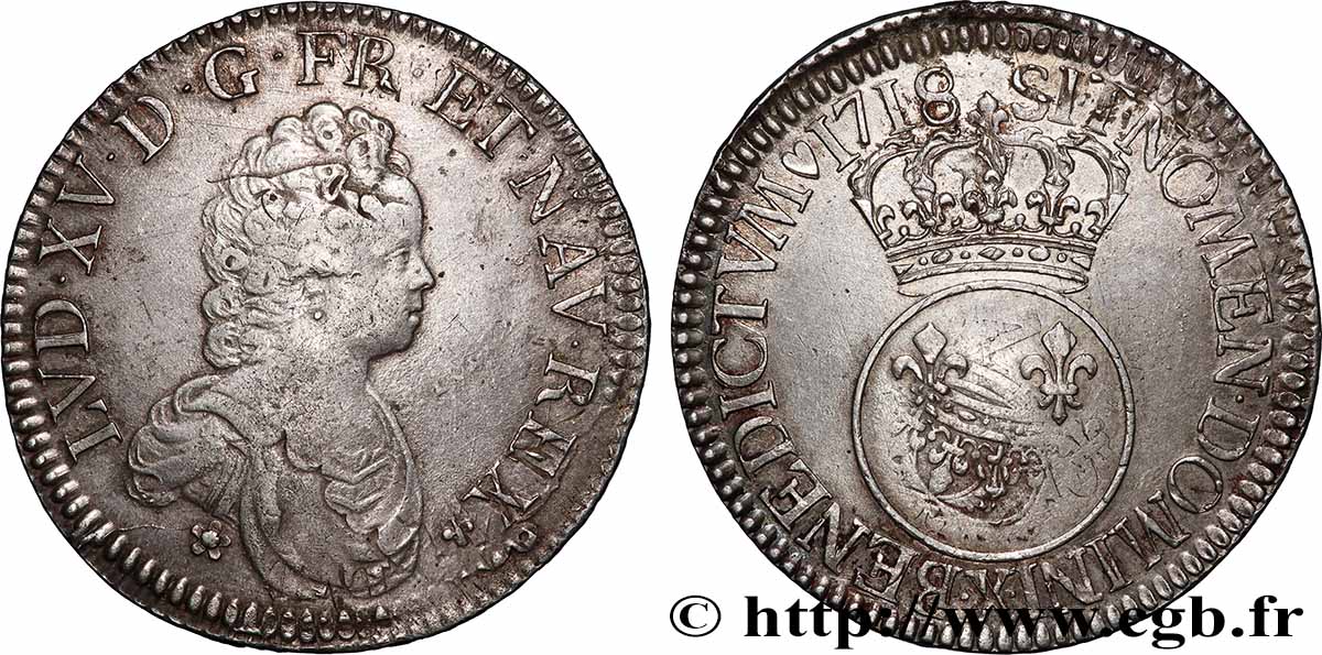 LOUIS XV THE BELOVED Écu dit &nbsp;vertugadin&nbsp; 1718 Amiens XF/AU