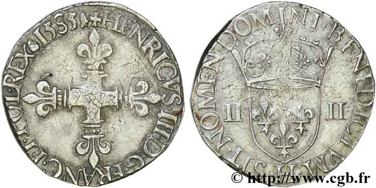 HENRY III Quart d écu, croix de face 1585 La Rochelle XF