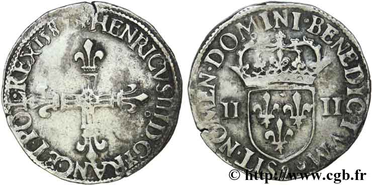 HENRI III Quart d écu, croix de face 1587 Rennes TB+/TTB