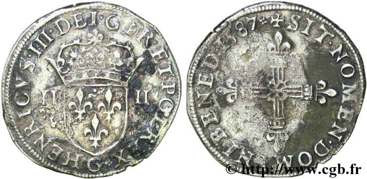 HENRY III Quart d écu, écu de face 1587 Poitiers VF