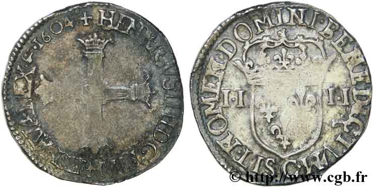 HENRY IV Quart d écu, croix batonnée et couronnée de face 1604 Saint-Lô VF